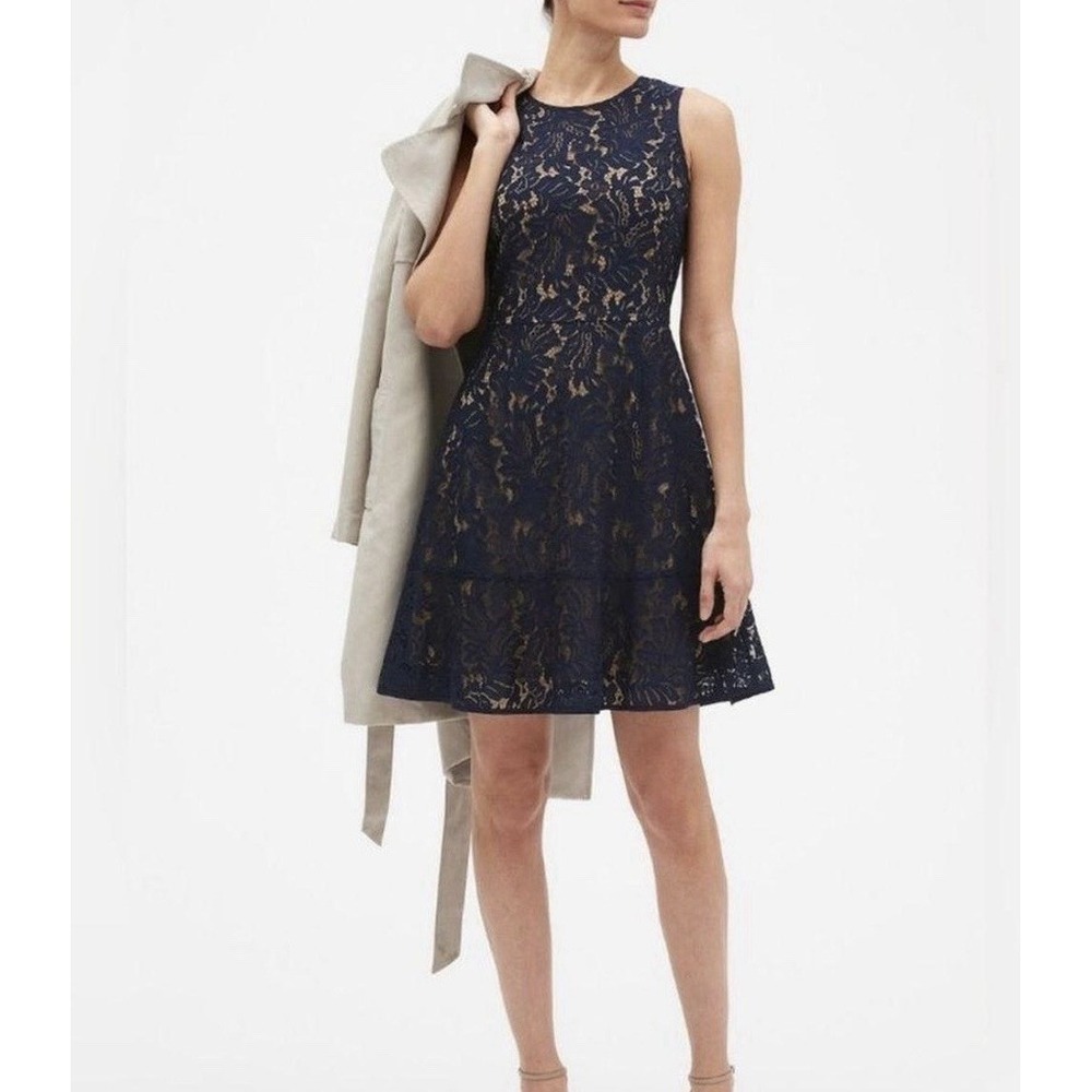 Banana Republic Navy Blue Floral Lace Overlay Sleeveless A Line Dress Size 4 NWT
